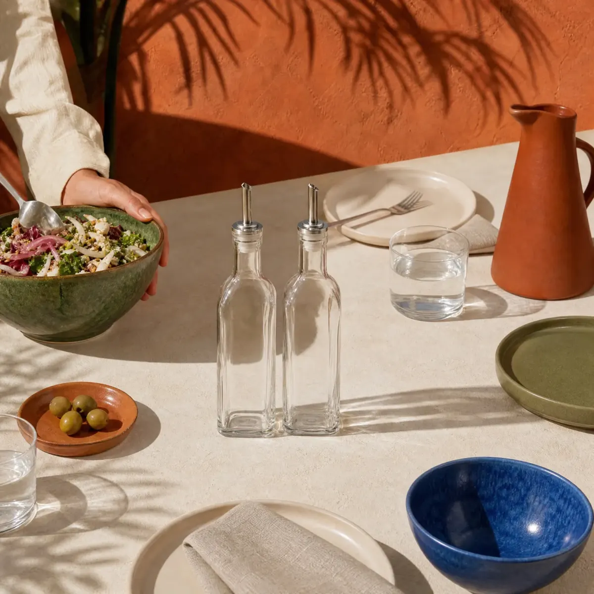 Glass Oil & Vinegar Cruet Set, Clear glass, scene view