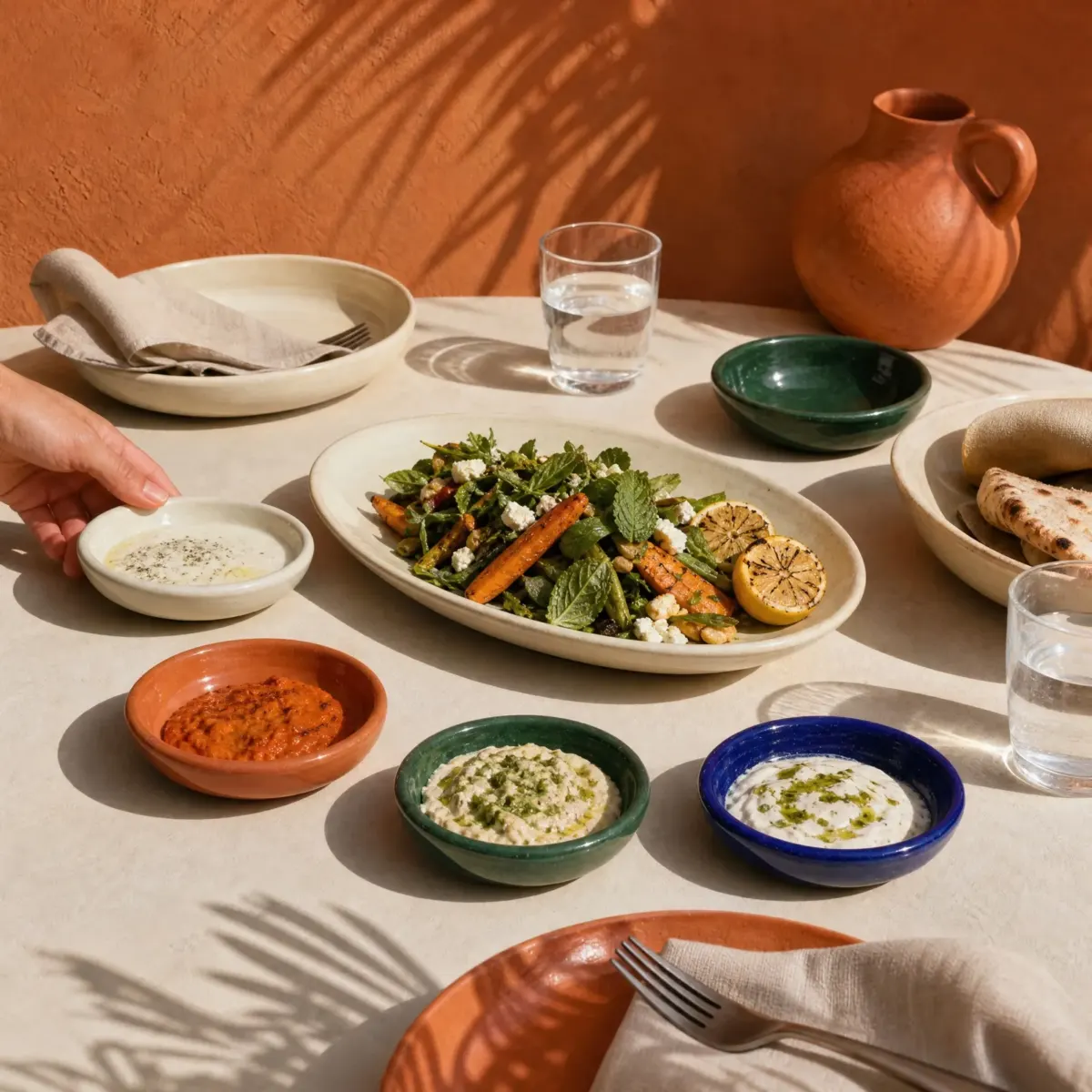 Stoneware Sauce Dishes, Set of 4, Cal, Barro, Nopal and Talavera, scene view