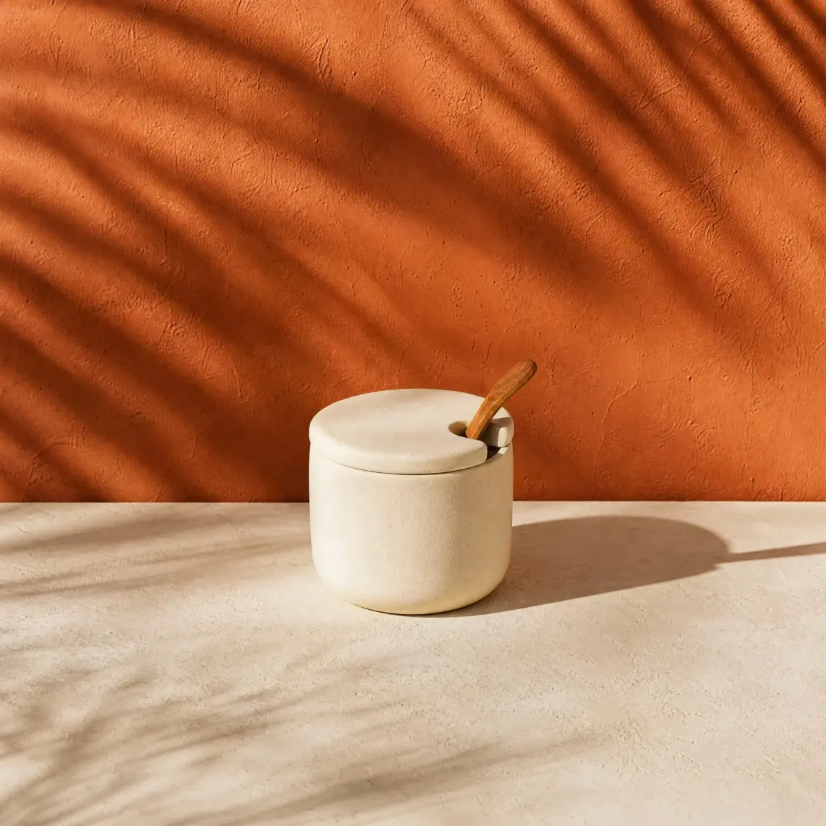 Stoneware Condiment Pot with Spoon, Cal (bone white), main view