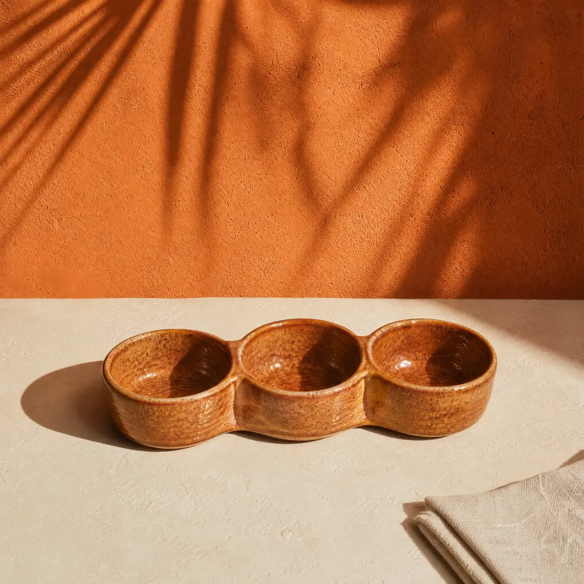 Stoneware Three-Well Condiment Dish, Barro (terracotta), main view