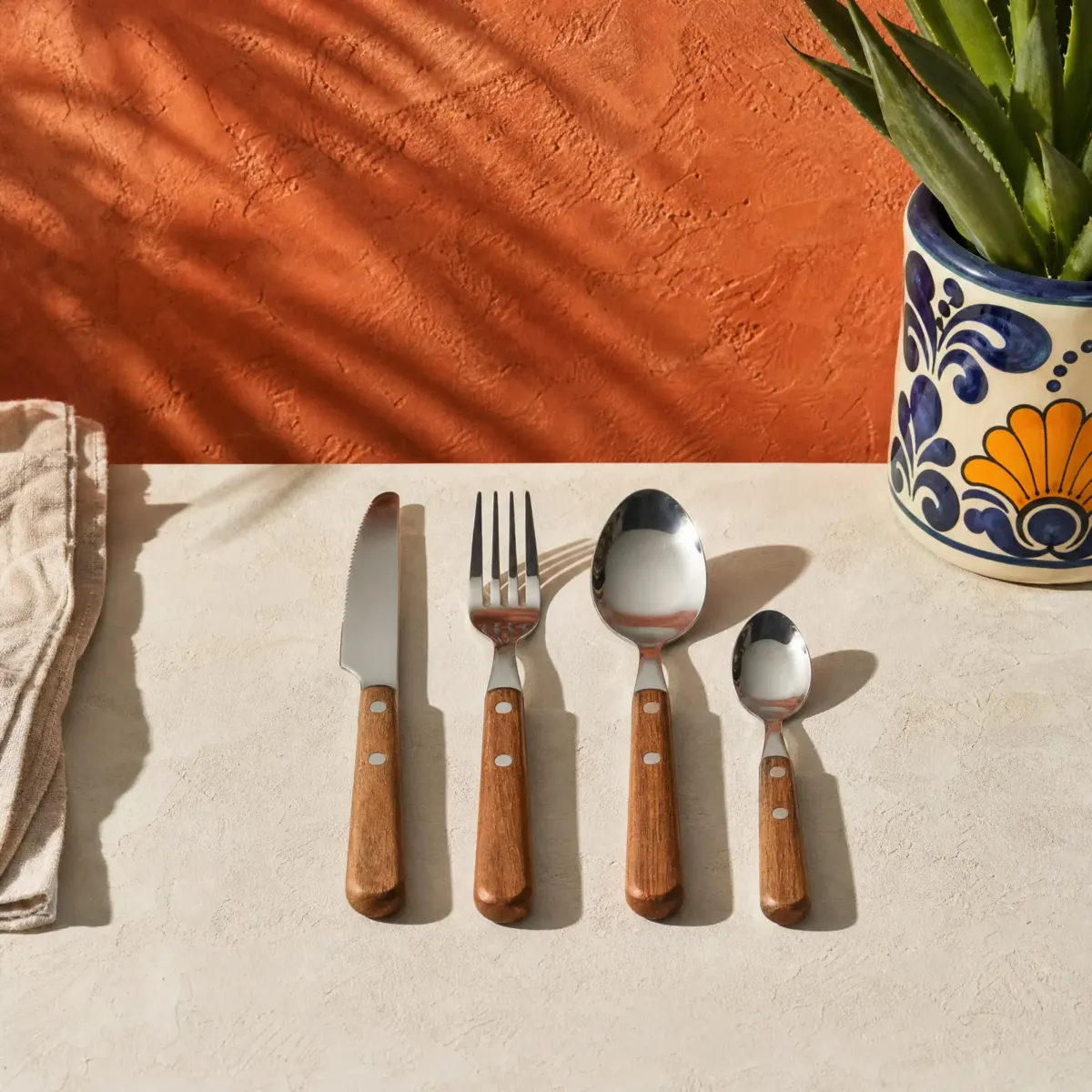 Acacia-Handle Cutlery Set, 4 Pieces, Steel and acacia, main view