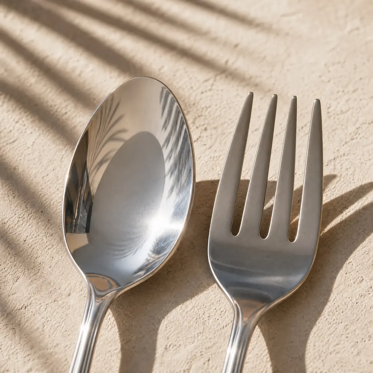Serving Spoon and Fork Set, Polished steel, detail view