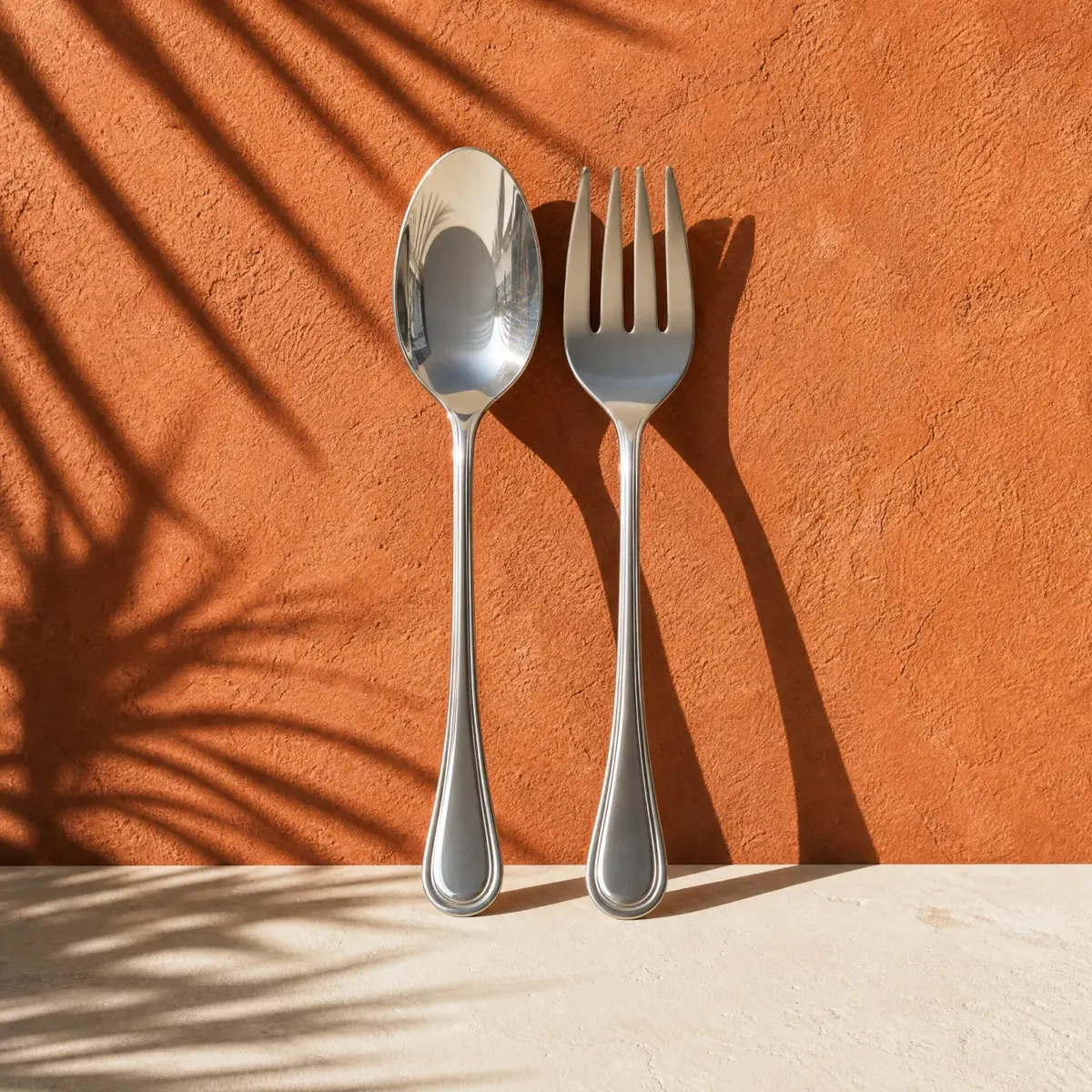 Serving Spoon and Fork Set, Polished steel, main view