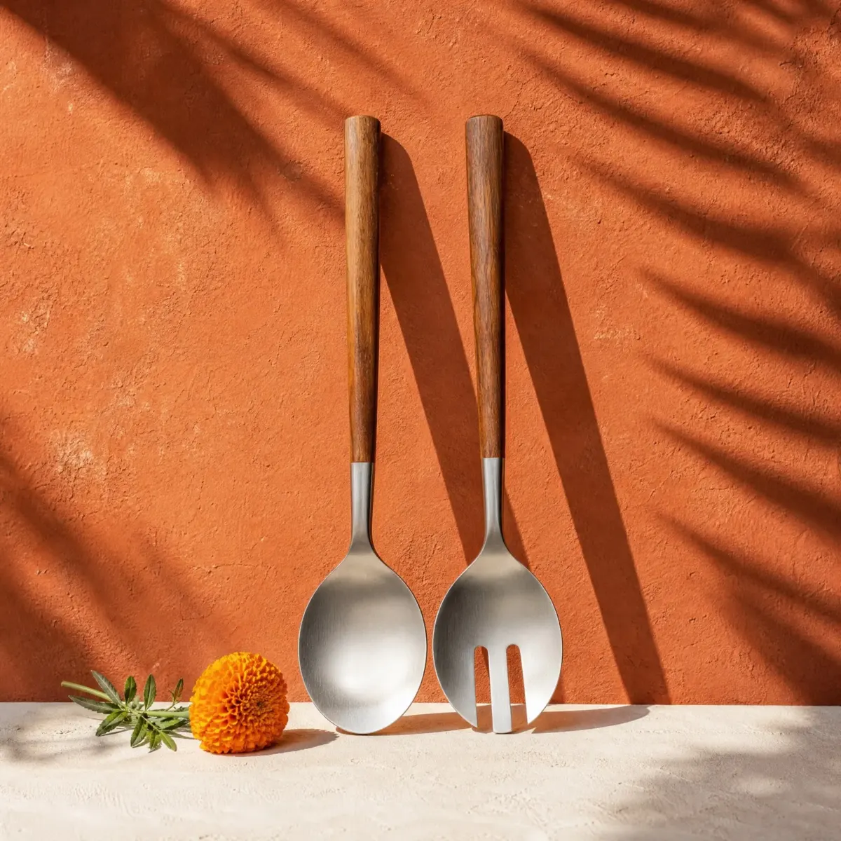 Acacia-Handle Salad Servers, Steel and acacia, main view