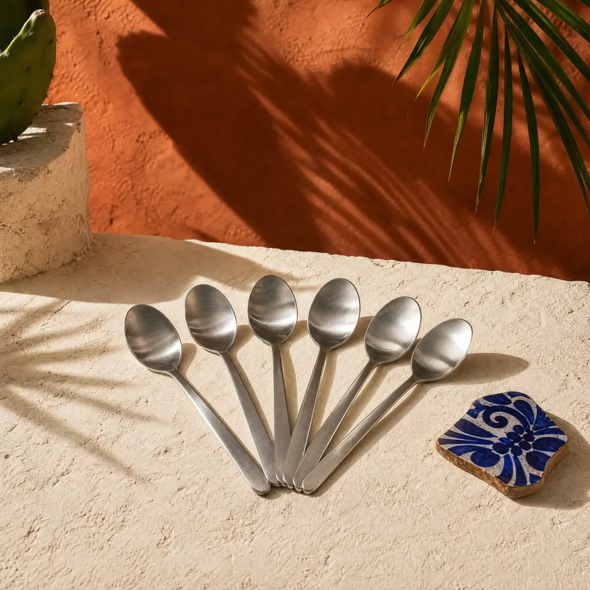 Brushed Steel Dessert Spoons, Set of 6, Brushed steel, main view