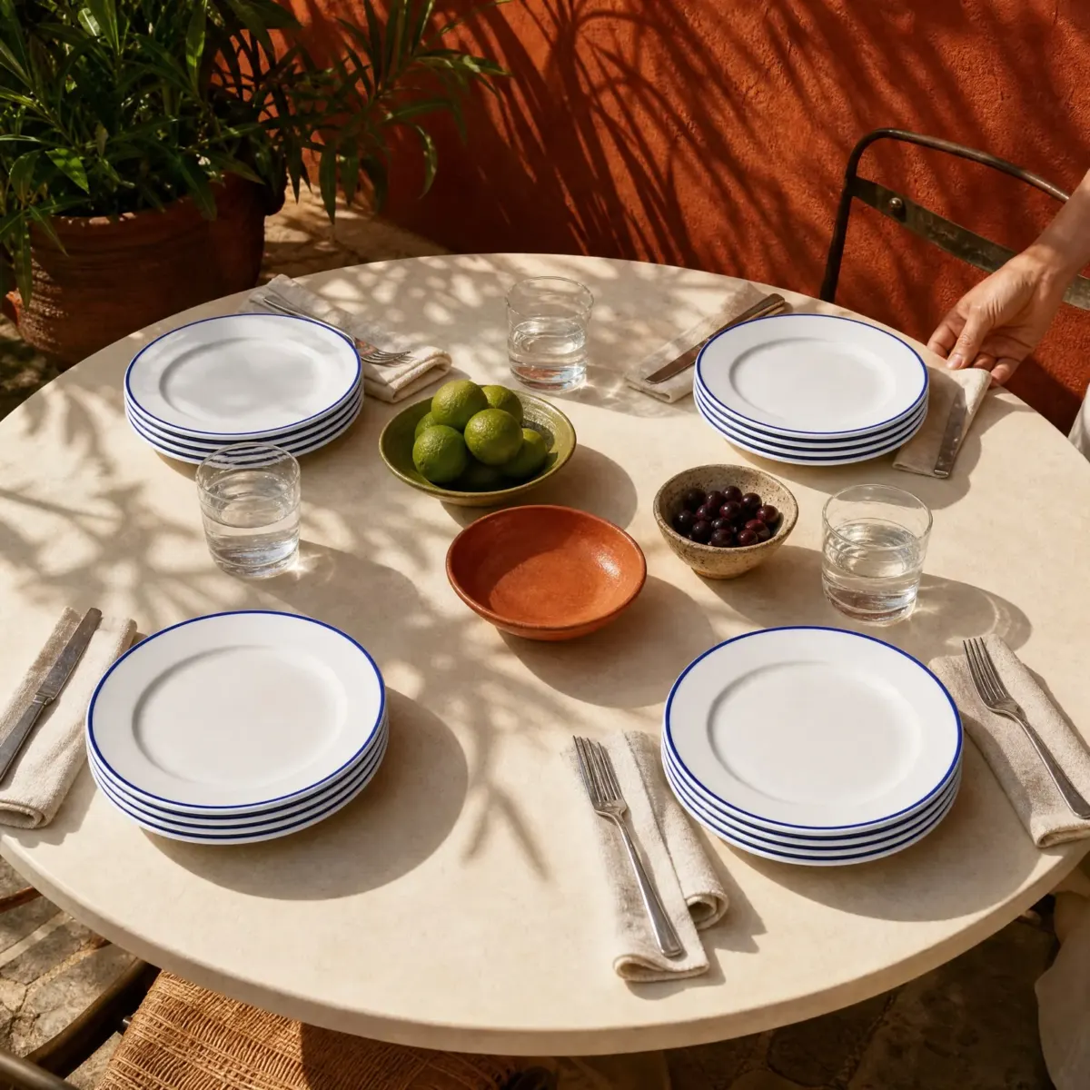 Porcelain Dinner Plate with Cobalt Line 26 cm, Set of 4, White with cobalt line, scene view