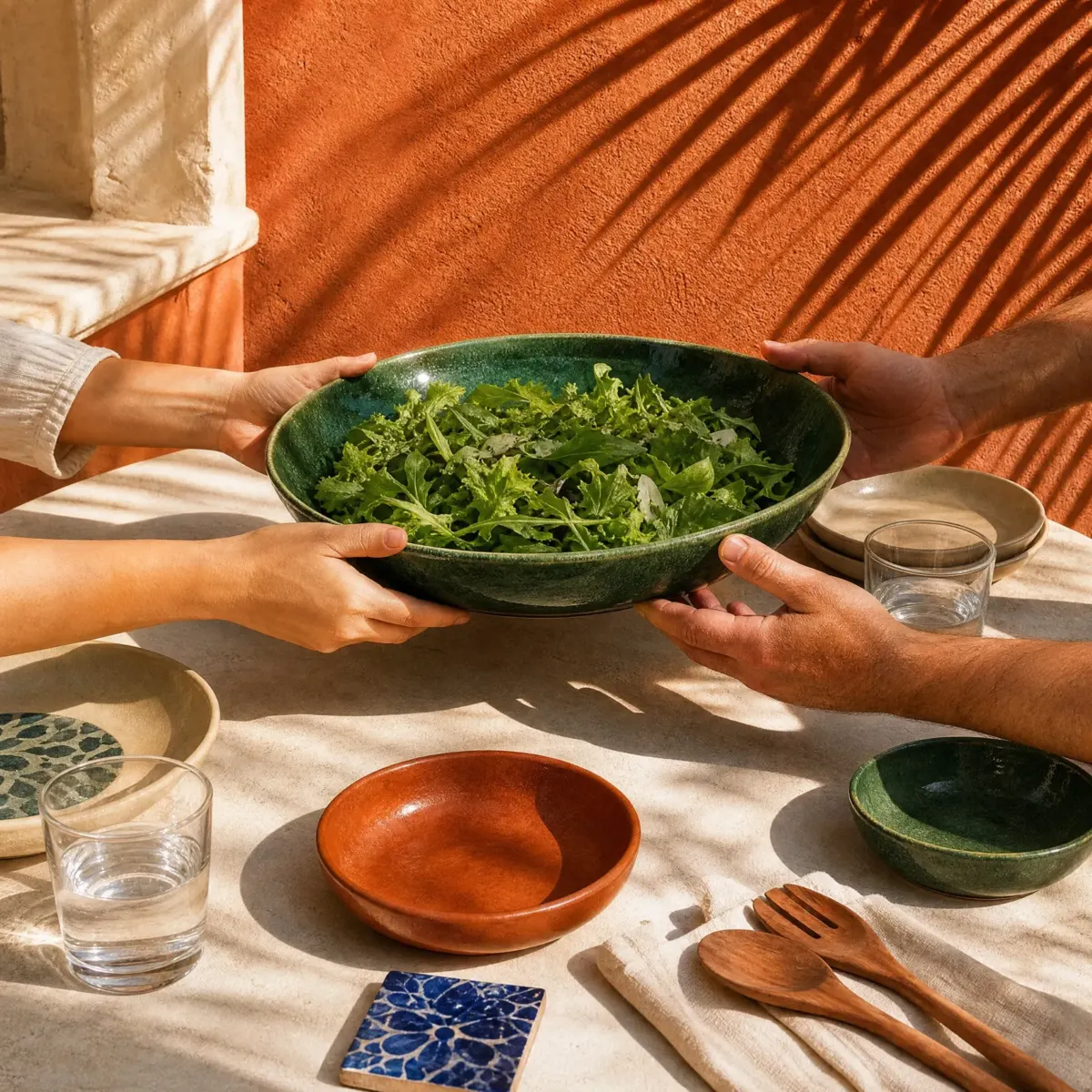 Nopal Wide Serving Bowl, Nopal (deep green), scene view