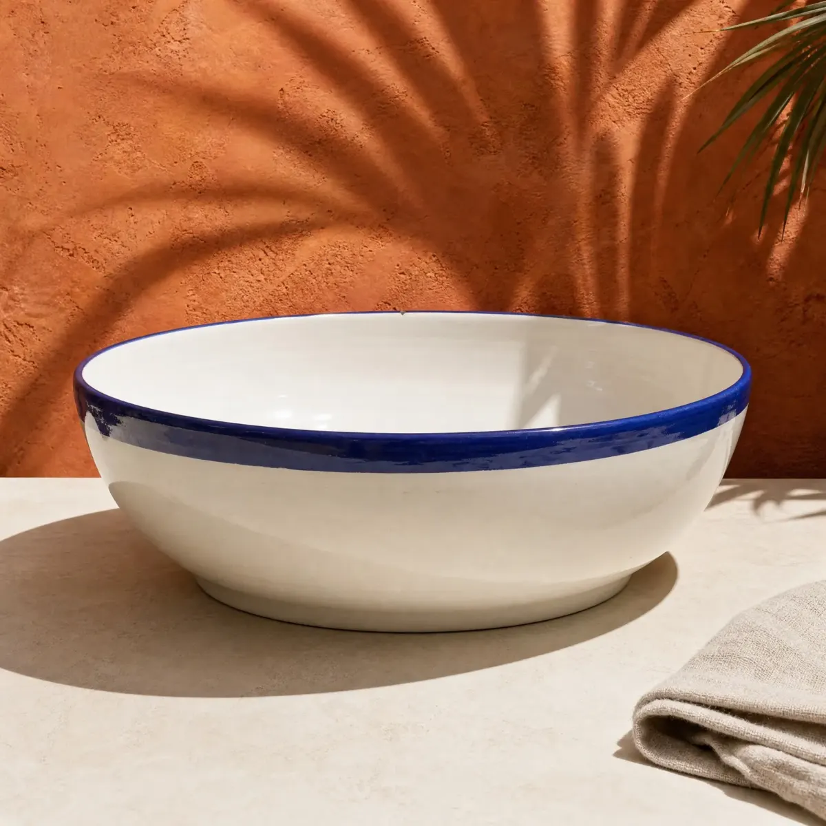 Talavera Rim Pasta Bowl, Large, White with cobalt rim, main view