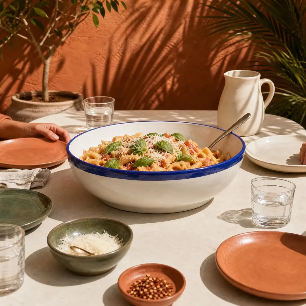 Talavera Rim Pasta Bowl, Large, White with cobalt rim, scene view