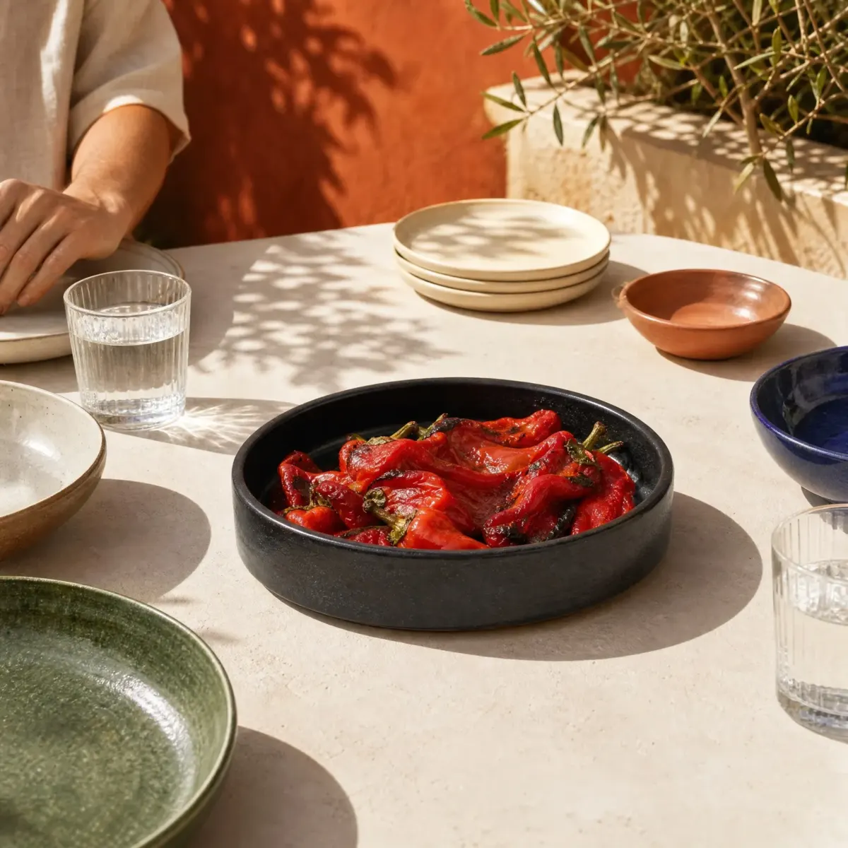 Obsidiana Low Serving Dish, Obsidiana (satin black), scene view