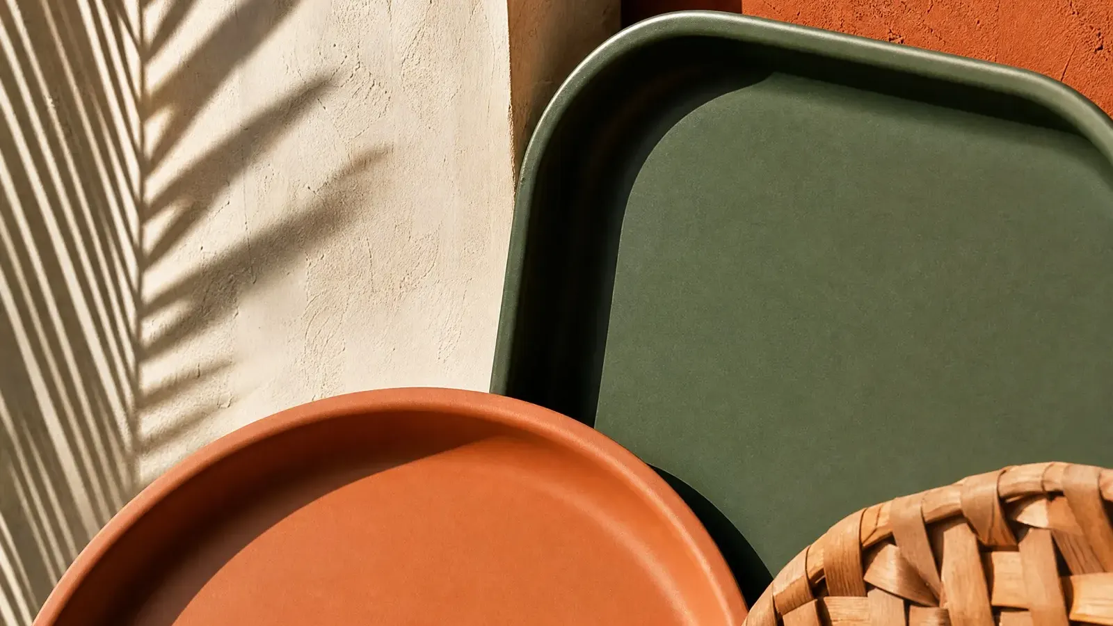 Terracotta and green melamine tray surfaces
