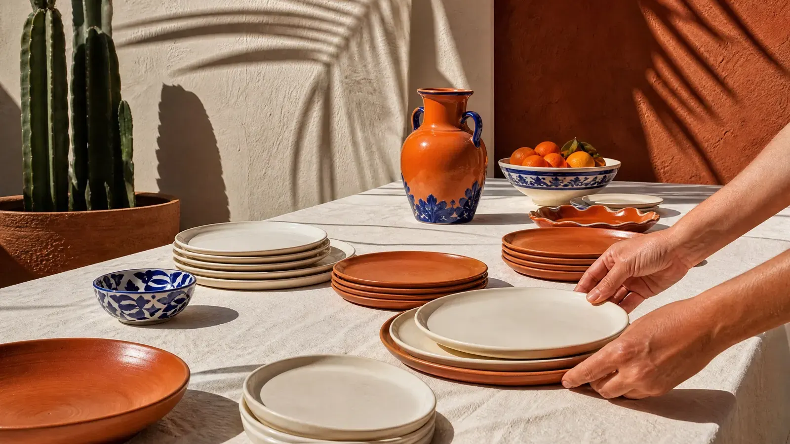Hands arranging bone-white and terracotta stoneware plates on a long table in a sunlit courtyard