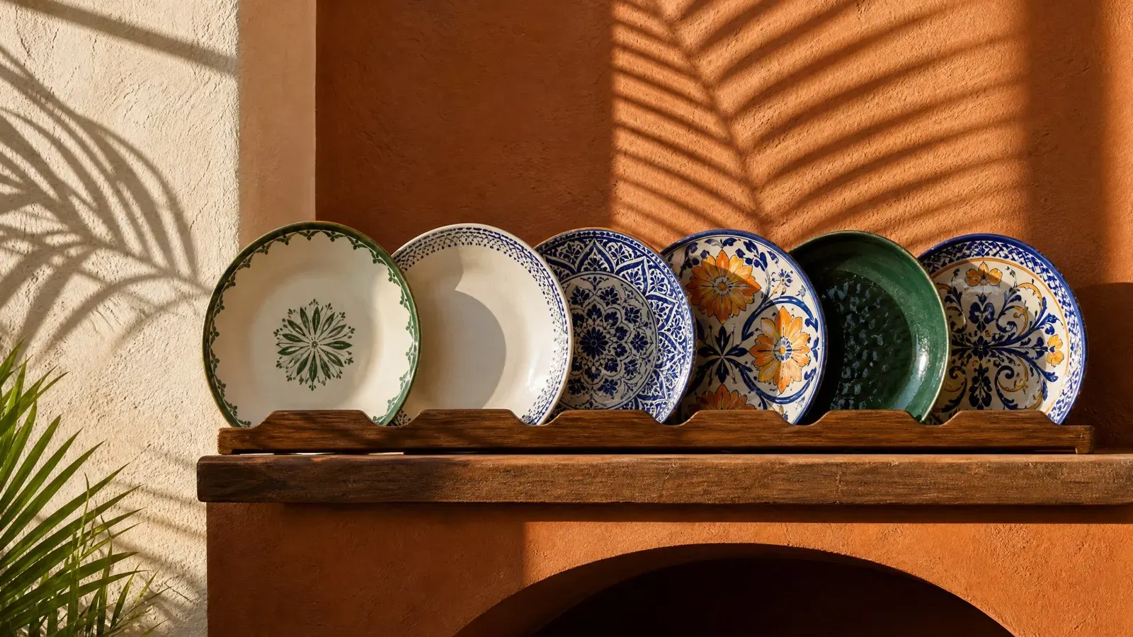 A row of different plates stood upright in a wooden rack against a plaster wall