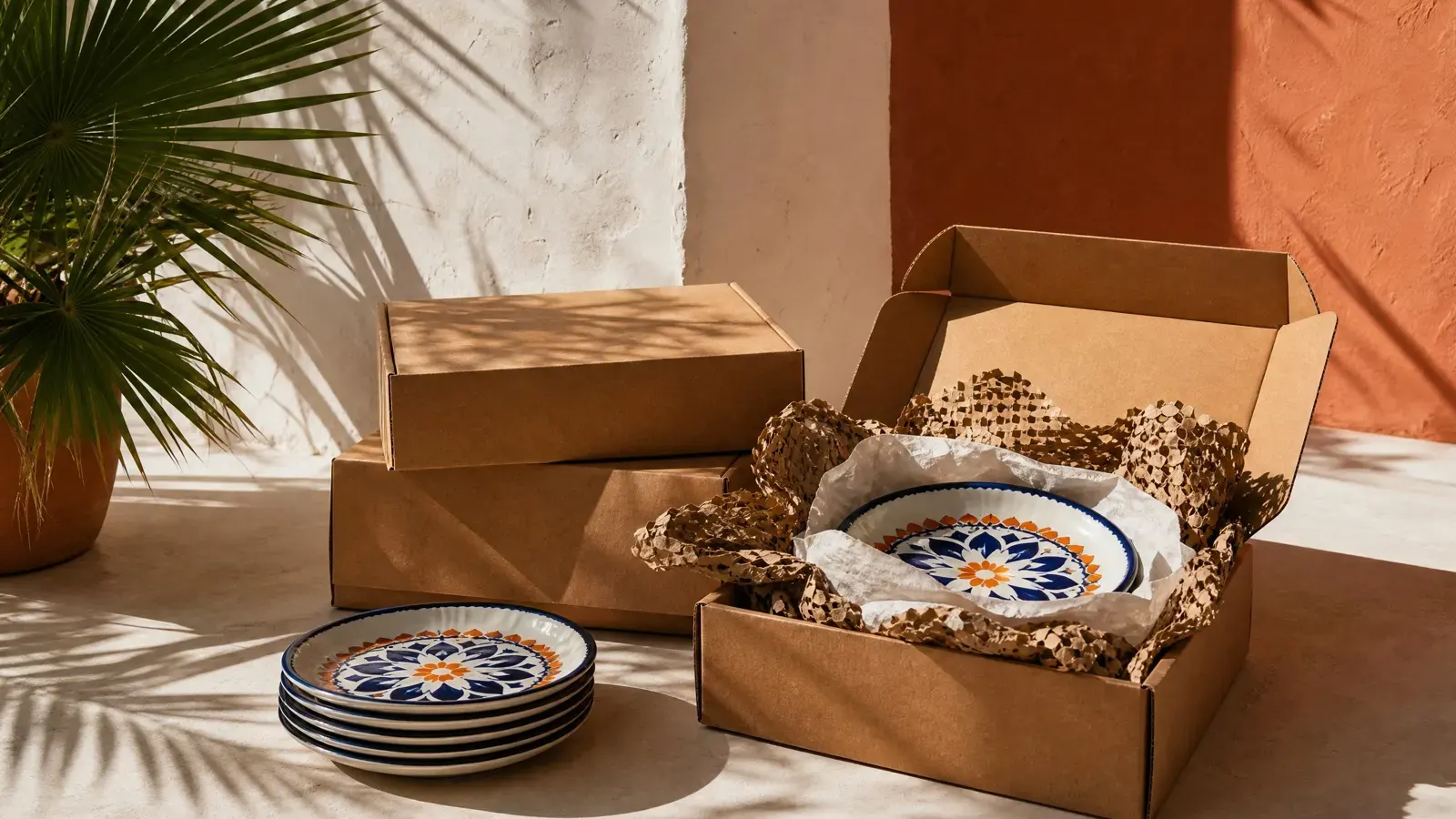Unbranded kraft cardboard boxes with tableware wrapped in paper padding